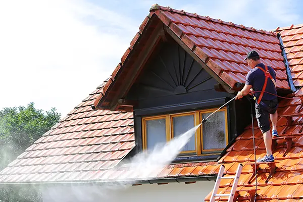 Technician performing downspout gutter cleaning on roof in Portland OR