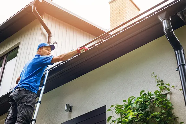 Gutter cleaning technician inspecting gutter in Portland OR