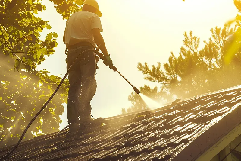 Moss Doctors roof cleaning technician spraying a roof in Portland OR