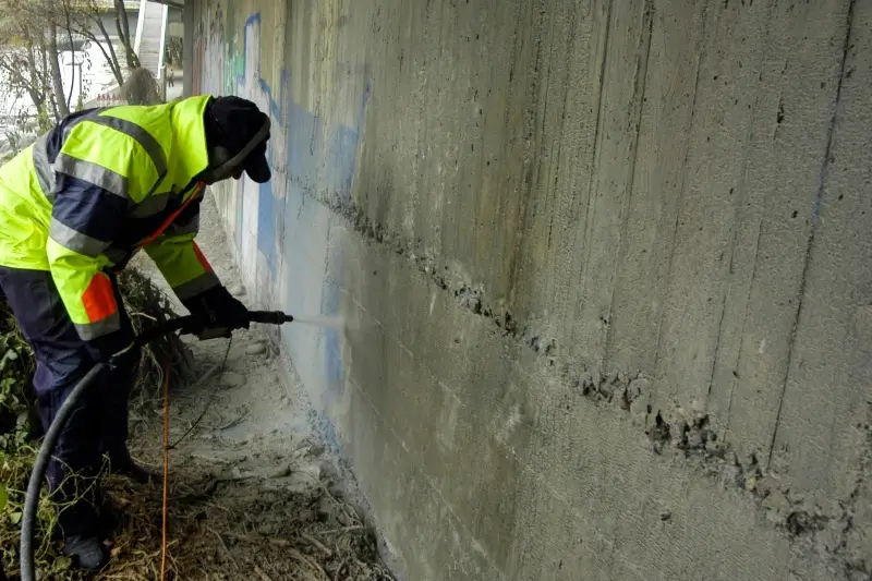 A worker pressure washing a wall to remove graffiti