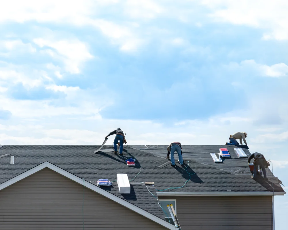 Landscape photo of the roof of a home taken from below. Several Moss Doctors technicians stand at the top working on new installation.